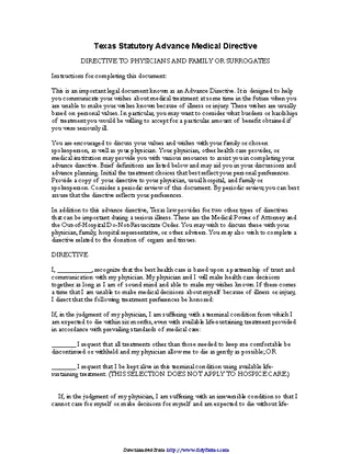 Forms Texas Statutory Advance Medical Directive Form