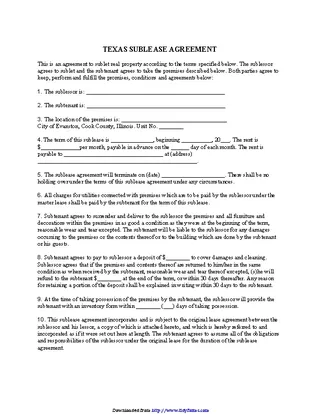 Texas Sublease Agreement Form Template