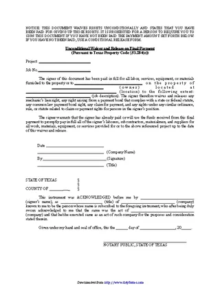 Forms Texas Unconditional Lien Waiver And Release On Final Payment