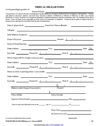 Texas Youth Medical Release Form For Player