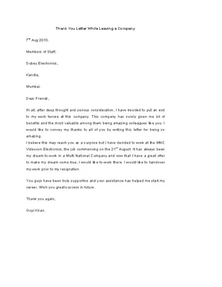 Forms Thank You Letter Template While Leaving A Company