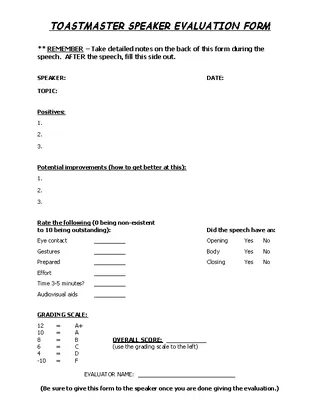 Forms Toastmaster Evaluation Speaker Form Template Word Doc