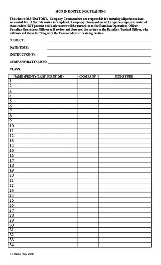 Forms Training Sign In Roster Template