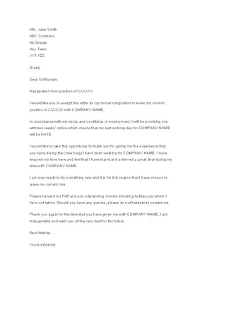 Forms Two Weeks Notice Formal Letter Template
