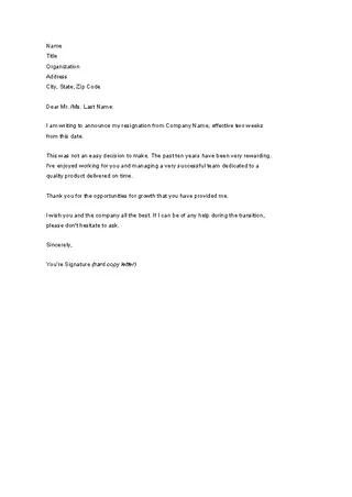 Forms Two Weeks Notice Resignation Letter Sample Template