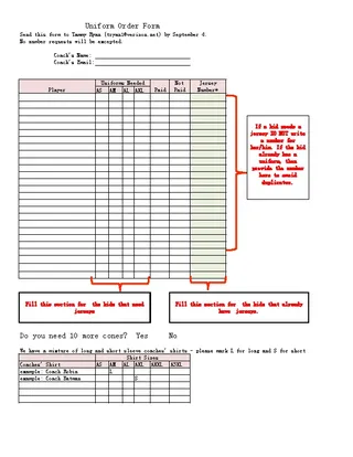 Uniform Order Form Template Excel