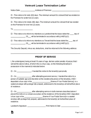 Forms Vermont 60 90 Day Lease Termination Letter
