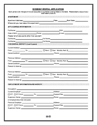 Forms Vermont Rental Application Form