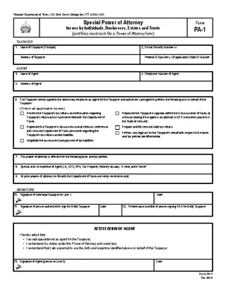 Vermont Tax Power Of Attorney Form Pa1