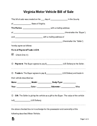 Forms Virginia Motor Vehicle Bill Of Sale Template