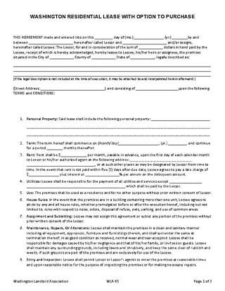Washington State Residential Lease Option To Purchase Form