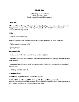 Forms Weight Loss Personal Trainer Resume