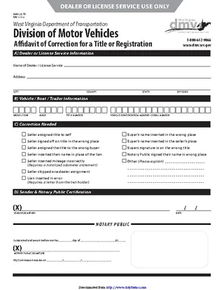 West Virginia Affidavit Of Correction For A Title Or Registration Form
