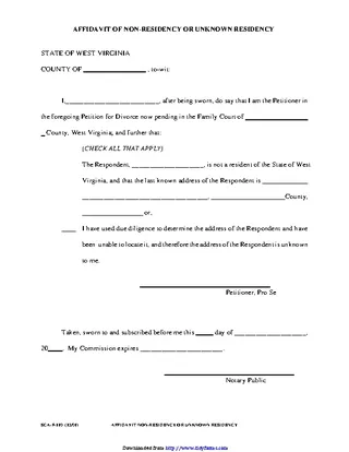 West Virginia Affidavit Of Non Residency Or Unknown Residency Form