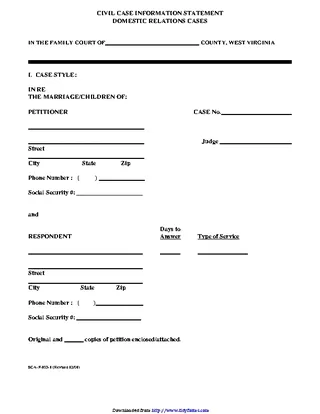 West Virginia Civil Case Information Statement Form