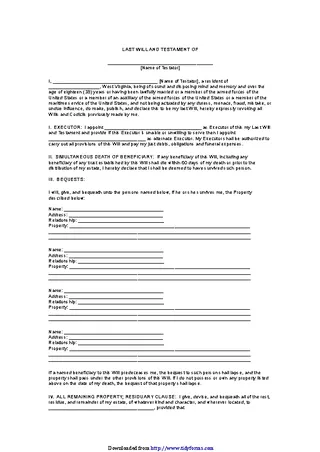 West Virginia Last Will And Testament Form