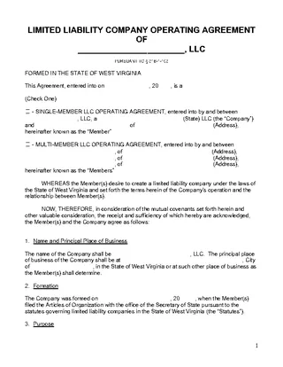 Forms West Virginia Llc Operating Agreement Template