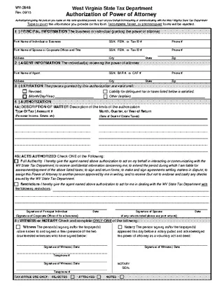 West Virginia Tax Power Of Attorney Form Wv2848
