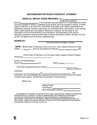Wisconsin Motor Vehicle Power Of Attorney Form