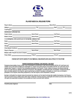 Forms Wisconsin Player Medical Release Form