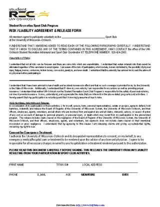Forms Wisconsin Risk Or Liability Agreement And Release Form