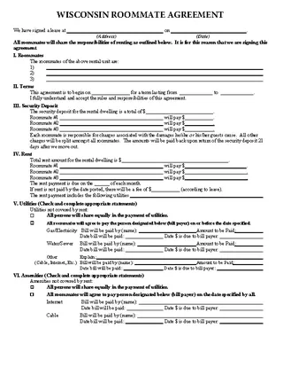 Wisconsin Roommate Agreement Template