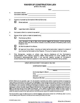 Wisconsin Waiver Of Construction Lien