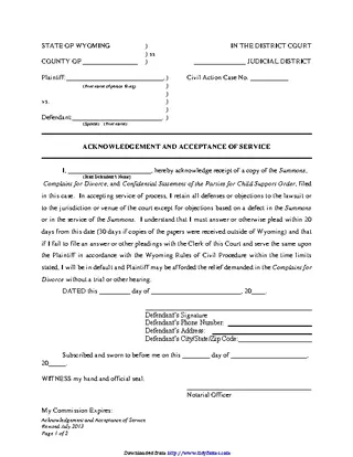 Forms Wyoming Acknowledgement And Acceptance Of Service With Children Form