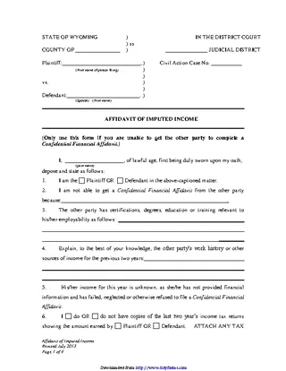 Wyoming Affidavit Of Imputed Income Form