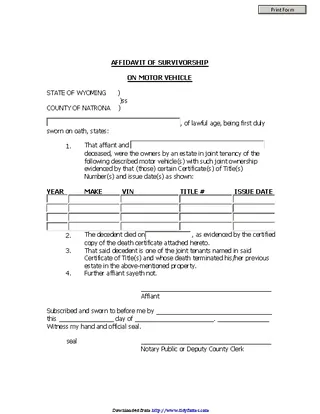 Forms Wyoming Affidavit Of Survivorship On Motor Vehicle Form