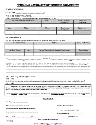 Wyoming Affidavit Of Vehicle Ownership Form