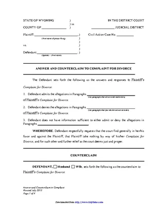 Wyoming Answer And Counterclaim To Complaint For Divorce No Children Form