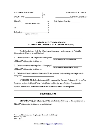Forms Wyoming Answer And Counterclaim To Complaint For Divorce With Children Form