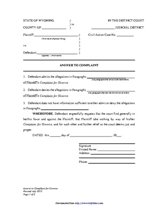 Forms Wyoming Answer To Complaint For Divorce No Children Form