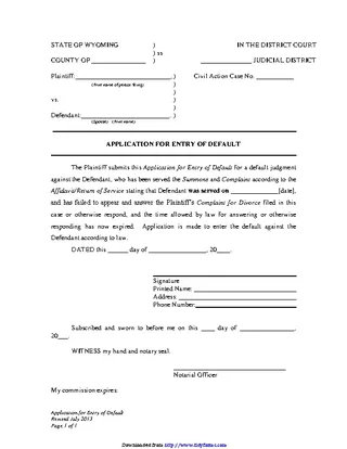 Forms Wyoming Application For Entry Of Default Form