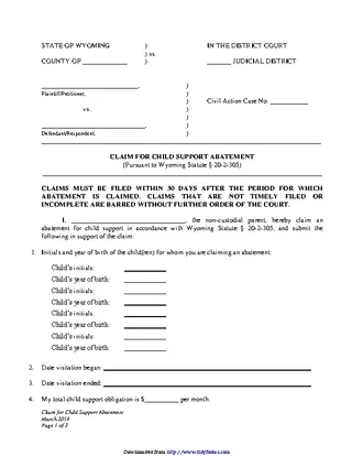 Wyoming Claim For Child Support Abatement Form