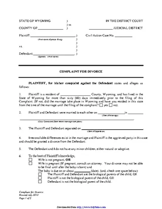 Forms Wyoming Complaint For Divorce No Children Form