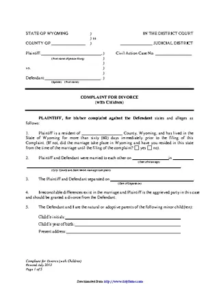 Forms Wyoming Complaint For Divorce With Children Form