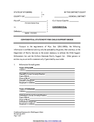 Forms Wyoming Confidential Statement For Child Support Order Form