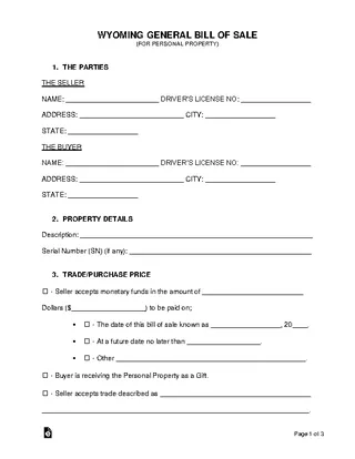 Forms Wyoming General Personal Property Bill Of Sale