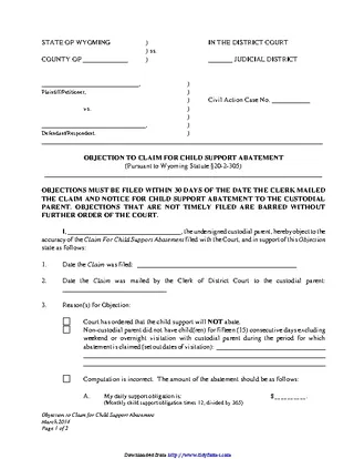Wyoming Objection To Claim For Child Support Abatement Form