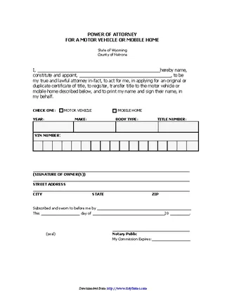 Forms Wyoming Power Of Attorney For A Motor Vehicle Or Mobile Home Form