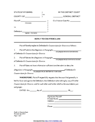 Forms Wyoming Reply To Counterclaim Form