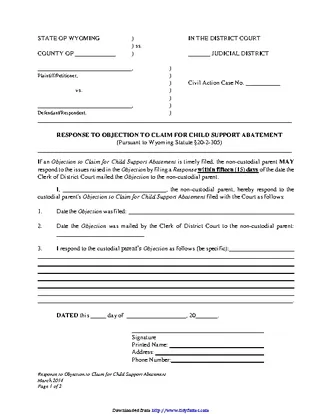 Wyoming Response To Objection To Claim For Child Support Abatement Form