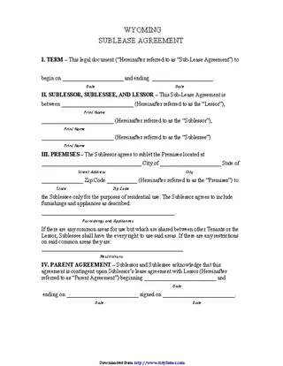 Forms Wyoming Sublease Agreement