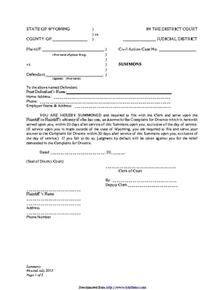 Forms Wyoming Summons No Children Form