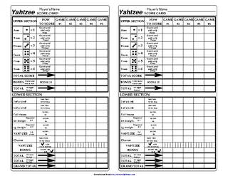 Forms Yahtzee Score Cards