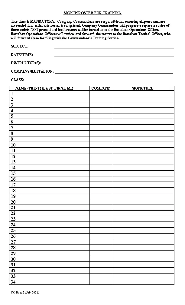Training Sign In Roster Template