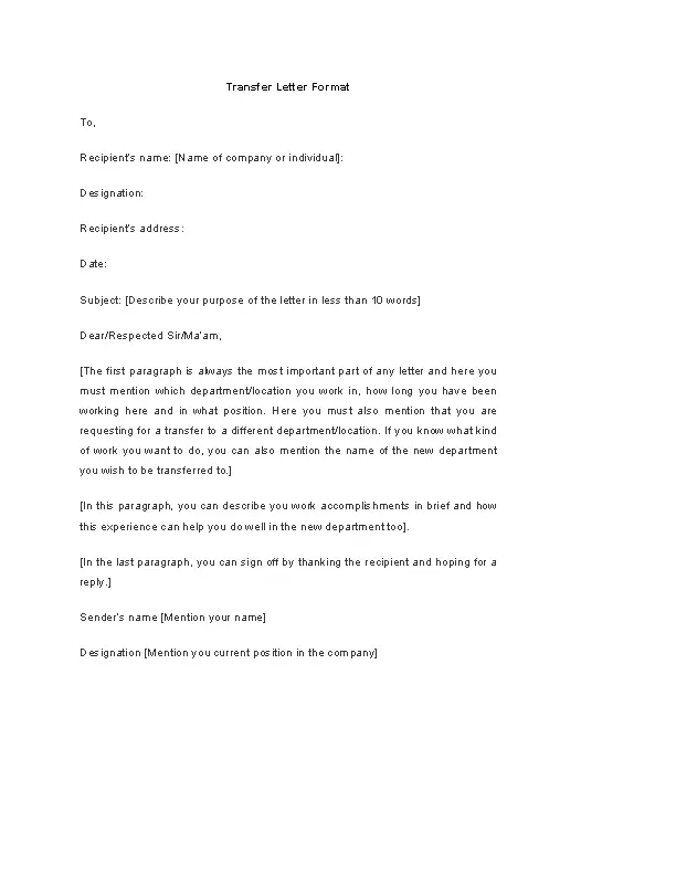 Transfer Letter Format - PDFSimpli