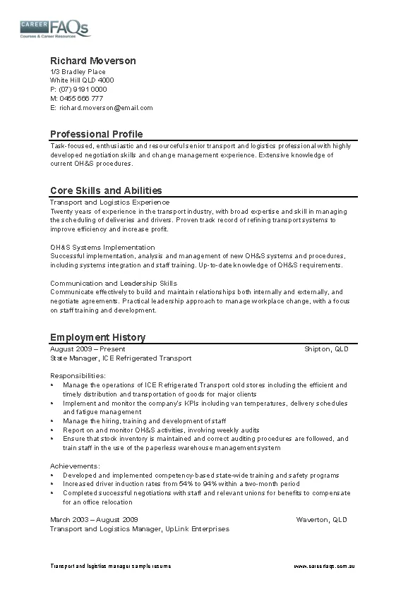 Transport And Logistics Manager Sample Resume - PDFSimpli